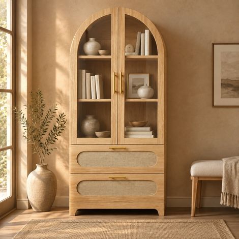 Vetrina 80/40/175 cm effetto legno con ante in vetro, 2 cassetti e ripiani regolabili (1/5)