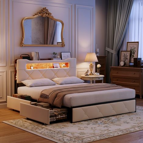 Lit adulte 140x190 cm, 4 tiroirs métalliques, sommier lattes, 3 prises charge, étagères de rangement imitation bois, tête de lit capitonnée - Beige (1/5)