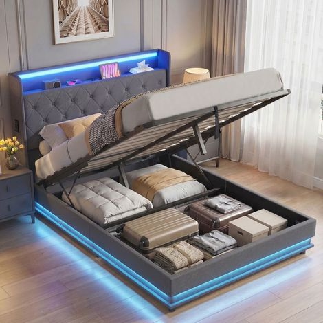 Cama con almacenamiento de 140x190 cm con iluminación LED y estación de carga, estructura de cama doble tapizada en lino, almacenamiento hidráulico, color gris.