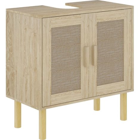 Furniture under-vasque of bathroom, doors in rattan, feet in pin, 2 shelves, 60 x 30 x 60 cm, oak (1/5)