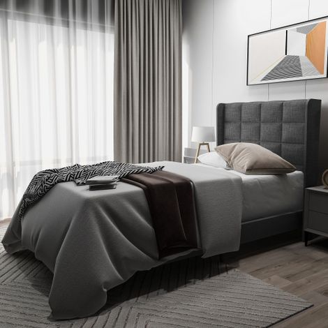 Liberté – Lit simple capitonné 90x200cm en lin gris – Tête de lit rembourrée – Sommier à lattes – Confort optimal pour sommeil réparateur (1/5)