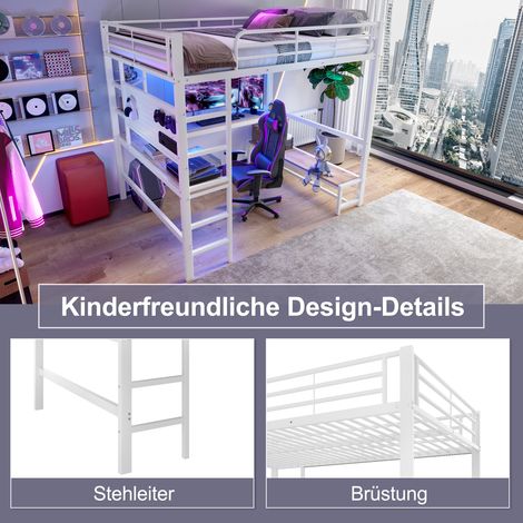 Lit mezzanine 140×200cm blanc cadre fer,bureau,rampe,escabeau,étagères,USB+Type-C,LED et panneau perforé,vendu sans matelas