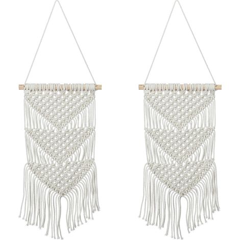Relaxdays 2x Macramé Wall Hanging, Handmade, Boho Style, Bohemian Decor, H x W: 70 x 25.5 cm, Cotton & Wood, Cream (1/5)