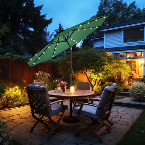 Patio Garden Parasol LED Lights Sun Shade Round Umbrella with Crank Tilt 2.7M Green