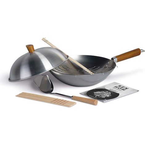 Wok Traditionnel en Acier au Carbone, 32 cm, avec Couvercle, Outils, Baguettes et Livre de Recettes, Classique, ne Passe pas au Lave-Vaisselle, Non-Induction (1/5)