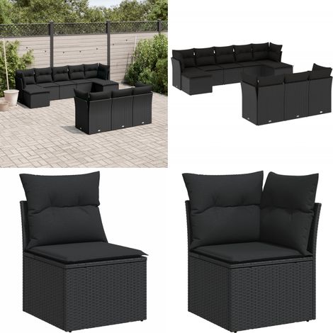 Set Divani da Giardino 10pz con Cuscini in Polyrattan Nero - Sedute da esterno - Cuscini da seduta