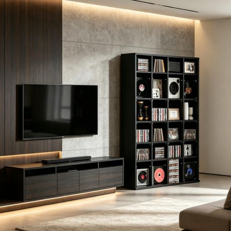 Mobile porta CD/DVD 89x20x130,5 cm in truciolare nero salvaspazio – MEUBLIV (1/5)