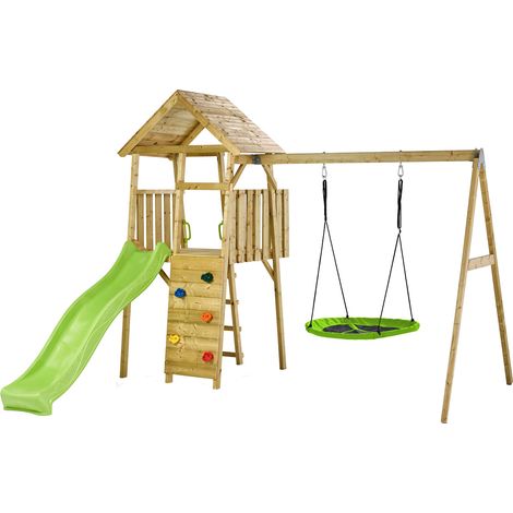KANGUI Aire de jeux portique en bois WOODI - Double balançoire et nid Ø100cm, toboggan, mur d'escalade, cabane, échelle