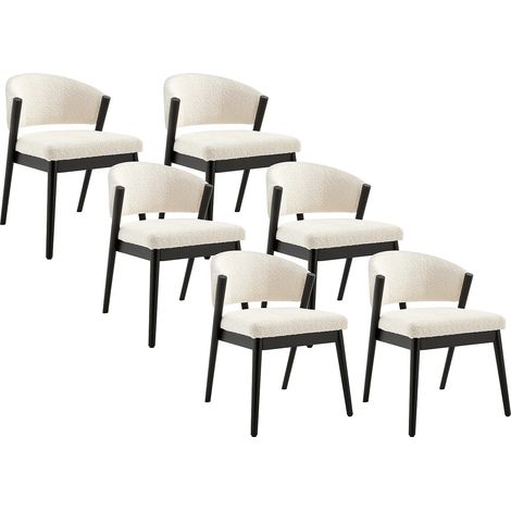 Lot de 6 chaises en tissu bouclette et bois d'hévéa noir - Blanc - ZELVYN (1/5)