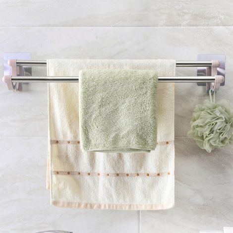 Porte-serviettes double sans joint ni perçage pour salle de bain et cuisine, barre porte-serviettes en plastique et acier inoxydable, beige. (1/5)
