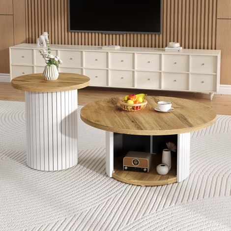 Ensemble de tables basses rondes 2 pièces en MDF, table basse gigogne style scandinave avec rangement, table d’appoint bois naturel pour salon (1/5)