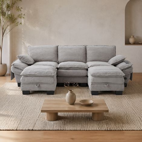 Canapé 3 places en corduroy gris clair, 2 hockers HAVRYA (1/5)