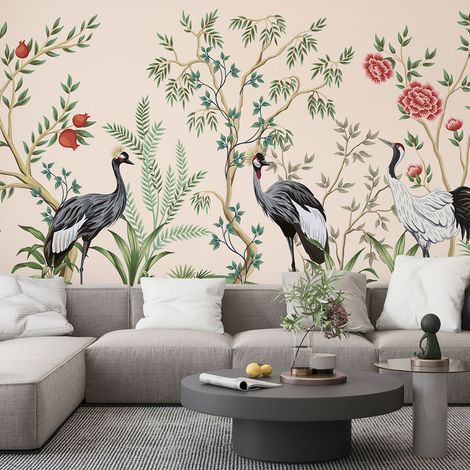 Papier peint panoramique - Fleurs Oiseaux - 390 cm x 185 cm (1/4)
