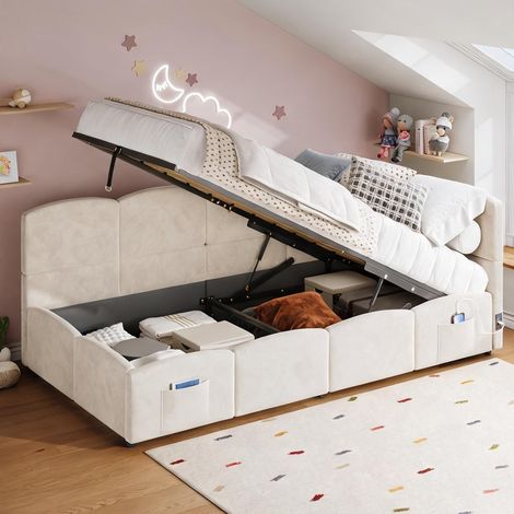 Cadre de lit beige en velours 212,5 x 98 x 78 cm (1/5)