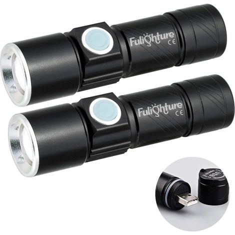 Paquete de 2 linternas LED, 70 lúmenes, haz ajustable, puerto USB, 6 horas de duración de la batería, para acampar y pescar. (1/5)