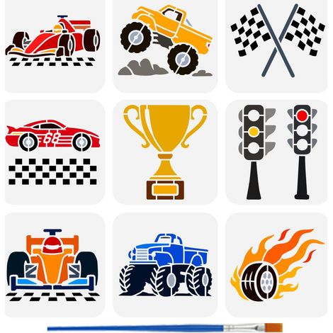9 Styles Modèles de Voiture de Course Avec Un Pinceau 15x15cm Pochoir de Drapeau de Course Auto Pochoirs Dessin Monster Trucks Feux de Circulation Trophées Pochoirs pour Bois Mur Tissu (1/5)