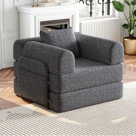 Canapé convertible 1 place 181,6x94x49,5 cm en tissu chenille gris, modulable pour salon FloraGrace (1/5)