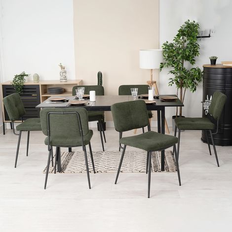 MEUBLES COSY BARI N KAROMI Ensemble de table à manger extensible à allonge avec 6 chaises style industriel, table rectangulaire en MDF noir et chaise en vert tissu (1/5)