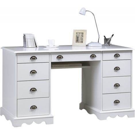 Beaux Meubles Pas Chers – Bureau droit blanc 9 tiroirs – Largeur 137.5 cm – Hauteur 74.7 cm – Socle en pin massif – Structure MDF vernis (1/3)