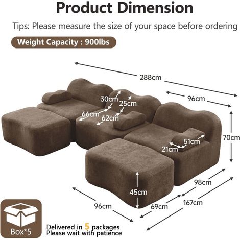 Canapé droit 3 places modulaire – 2 poufs, mousse haute densité 32D, design vague, marron – Ambiance chaleureuse et modulable (1/5)