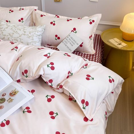 Ensemble de literie lavable en coton 100 %, 4 pièces (housse de couette 180x220 cm, 2 taies d’oreiller 65x65 cm, drap-housse 180x200 cm), motif cerisier discret, idéal pour étudiants et petits espaces