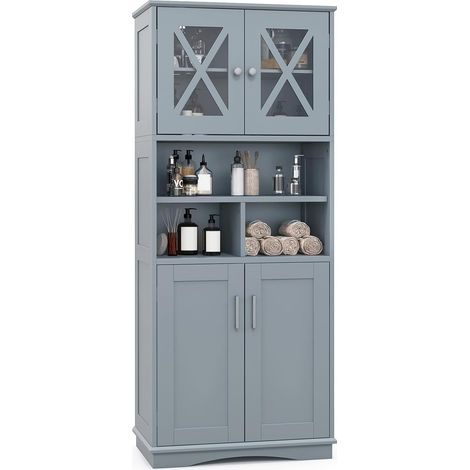 Goplus – Armoire haute de salle de bain 60 x 30 x 145 cm – 2 portes – Étagères réglables – MDF et acrylique gris – Système anti-basculement (1/5)