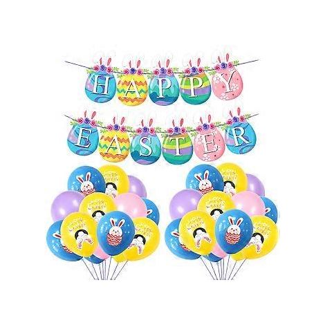 1 lot de bannières « Joyeuses Pâques » avec ballons en latex en forme de lapin et d’œuf (rose, bleu, violet) (1/2)