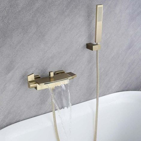 Wall-Mounted Waterfall Bath Mixer Tap, Bath Faucet, Wall-Mounted Waterfall Shower Head, Hot and Cold Bath Faucet (Brushed Gold) (1/4)