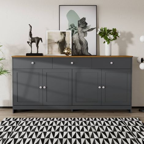 Buffet de cuisine 160 x 37 x 75 cm, meuble de rangement 4 portes et 3 tiroirs, étagères réglables en MDF, style rustique, gris-noir et bois (1/5)