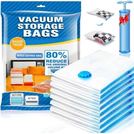 Sacchetti sottovuoto - Sacchetti sottovuoto per piumoni - Set di 9 sacchetti sottovuoto - capacità extra large per risparmiare spazio - include pompa manuale - blu trasparente (1/5)