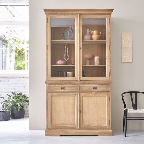 Berah Getah – Vaisselier en teck massif 120 cm – 2 tiroirs et 2 portes vitrées – Bois de teck brut premium – Hauteur 225 cm, Largeur 50 cm