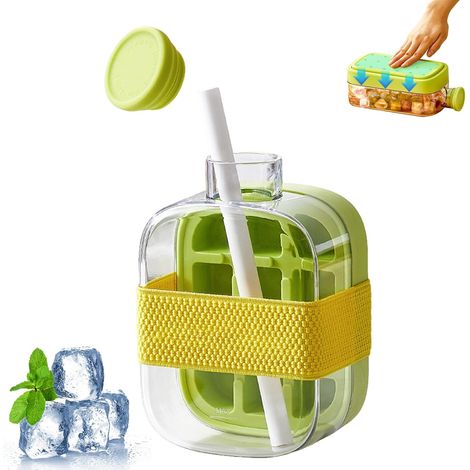 1 Bac à Glaçons 2 en 1,Bouteille avec Paille,Couvercle Étanche,Silicone et PP,Pour Maison et Pique-Nique (1/5)