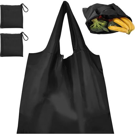 Sac de Course Pliable, 2pcs Sacs de Courses Cabas Réutilisable Poche Provisions en Toile avec 2 Mousquetons Sacs Shopping Bags Imperméables pour Usage Quotidien Sport 40x40cm, Noir (1/5)