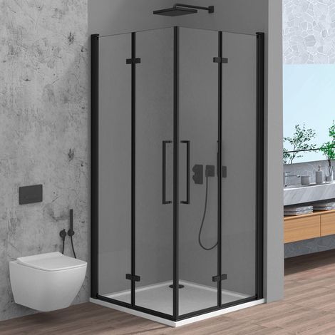 Box doccia angolare doppio soffietto 100x80 in vetro temperato trasparente con profili nero opaco Neos