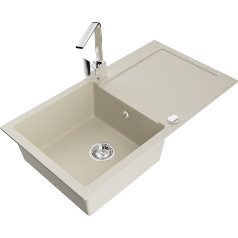 Mexen Leo 1 Becken-Granitspüle mit Abtropffläche und Mischbatterie Rita, Beige - 6501-69-670300-00 (1/5)