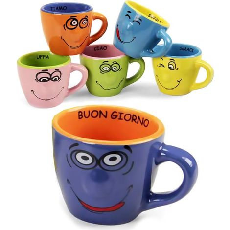 Set 6 Tazzine Tazze Caffè senza Piattini in Ceramica Le Smorfie