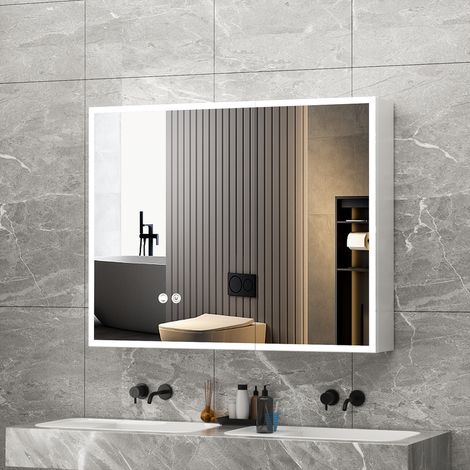 Armoire de Toilette Miroir LED 75x60 cm Blanc - Station de Charge Prise + USB - [Livrée Déjà Montée] - Portes ABS - Anti-buée & Soft-Close - AquaWise