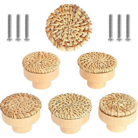 Lot de 6 boutons de meuble en rotin – Poignée de tiroir en bois massif – 40 x 30 mm – Vis incluses pour installation facile (1/5)