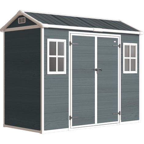 Caseta de jardín, 2,77 m², puertas dobles, ventanas, cerradura.