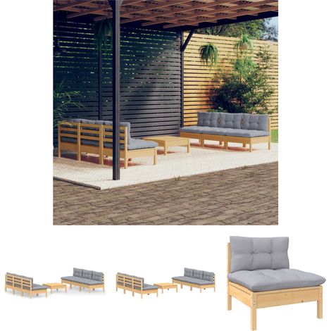 The Living Store - 7-tlg. Garten-Lounge-Set mit Grauen Kissen Kiefernholz (1/5)