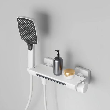 Ensemble robinet de baignoire et douche style cascade (blanc) avec mitigeur thermostatique mural. (1/5)