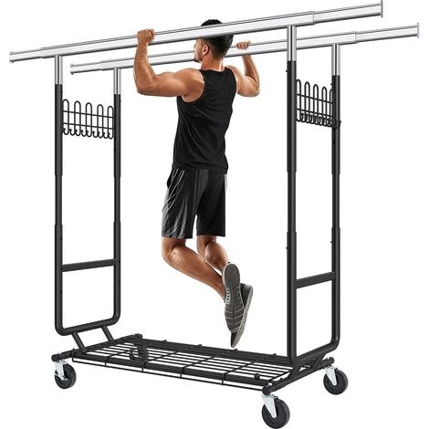 Portant Vetement Solide à Roulettes, Charge Max 408KG, Noir,Chromé (1/5)