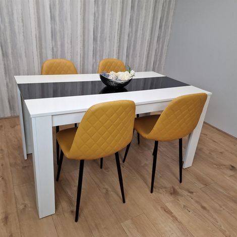 Dining Table and 4 Chairs White Black Wood 4 Leather Mustard Chairs Dining Room (1/5)