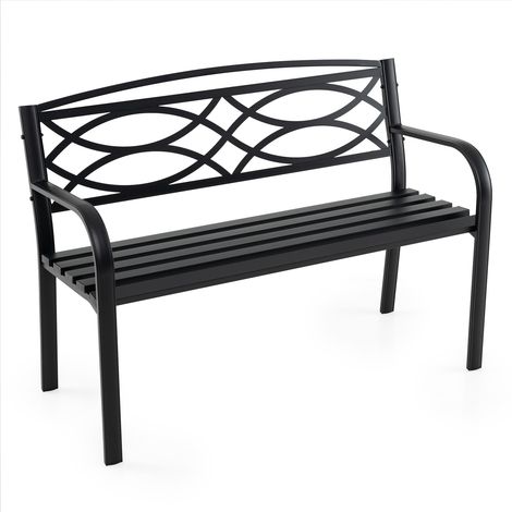 COSTWAY 116CM Garden Bench Heavy-Duty Metal Slatted Loveseat for 2 People-Black (1/5)