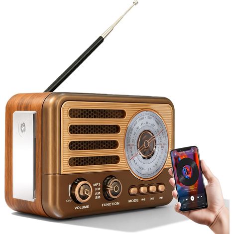 Radio rétro avec Bluetooth, transistor vintage, petite radio AM/FM/SW, prend en charge la lecture USB/TF/Aux-MP3, rechargeable, pour la maison, le bureau, l'extérieur (1/5)