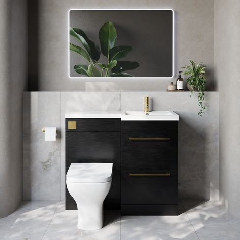 Napoli 390 Nero Oak 1000mm 2 Drawer Vanity Unit Toilet Suite with Right Hand Square Lucia Basin - 1000mm - Brushed Brass 320mm HandleWith Kingston Toilet Pan and Seat