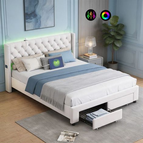 Letto matrimoniale 140x190 cm - NEXU - Velluto bianco sporco - LED e USB integrati - 2 cassetti e rete inclusa (1/5)