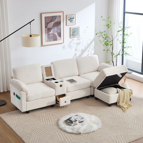 Canapé con pouf contenitore in tessuto a coste beige 266x136x82 cm con console scorrevole e USB-C (1/5)