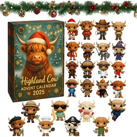 2D-Adventskalender mit Hochlandrindern aus Acryl 2026 – 24 handgefertigte Hochlandrinder-Puppen als Weihnachtsbaumschmuck – 24-Tage-Countdown-Kalender – Weihnachtsgeschenk (1/5)