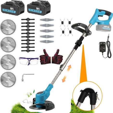 Rasentrimmer mit Akku 21V, Klappbarer Akku Freischneider mit 2 x Akku, Akku Rasentrimmer &amp Rasenkantenschneider mit 4 Messertypen, Elektrischer Motorsense für Garden und Rasen